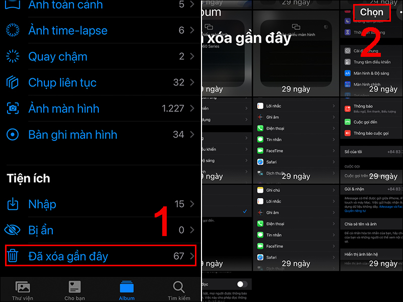 Vào mục đã xoá gần đây và ấn chọn