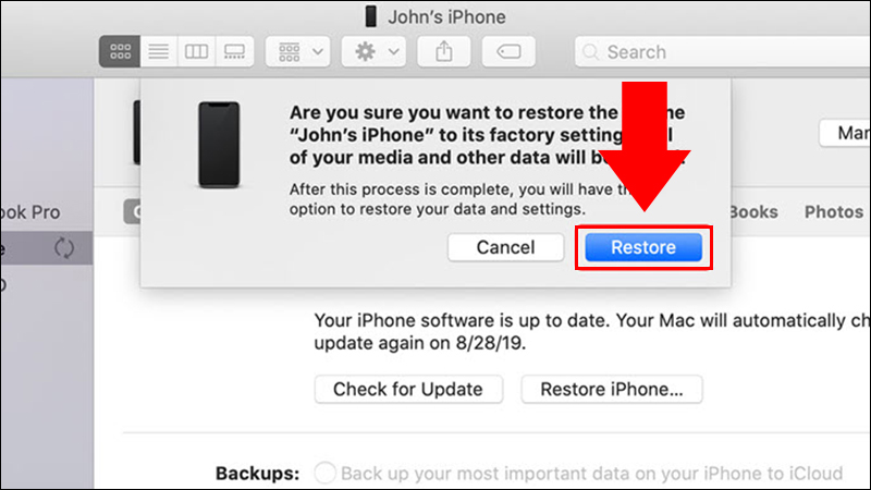 Nhấn Restore để hoàn tất khôi phục
