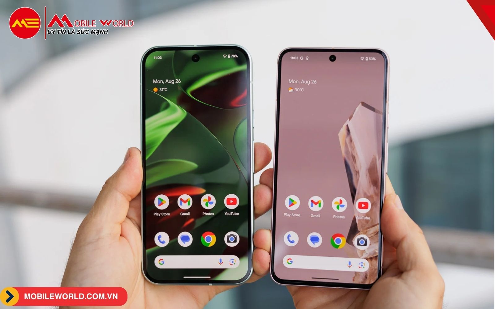 M&agrave;n h&igrave;nh Pixel 9 (tr&aacute;i) h&igrave;nh ảnh sống động v&agrave; ch&acirc;n thực hơn Pixel 8 (phải)