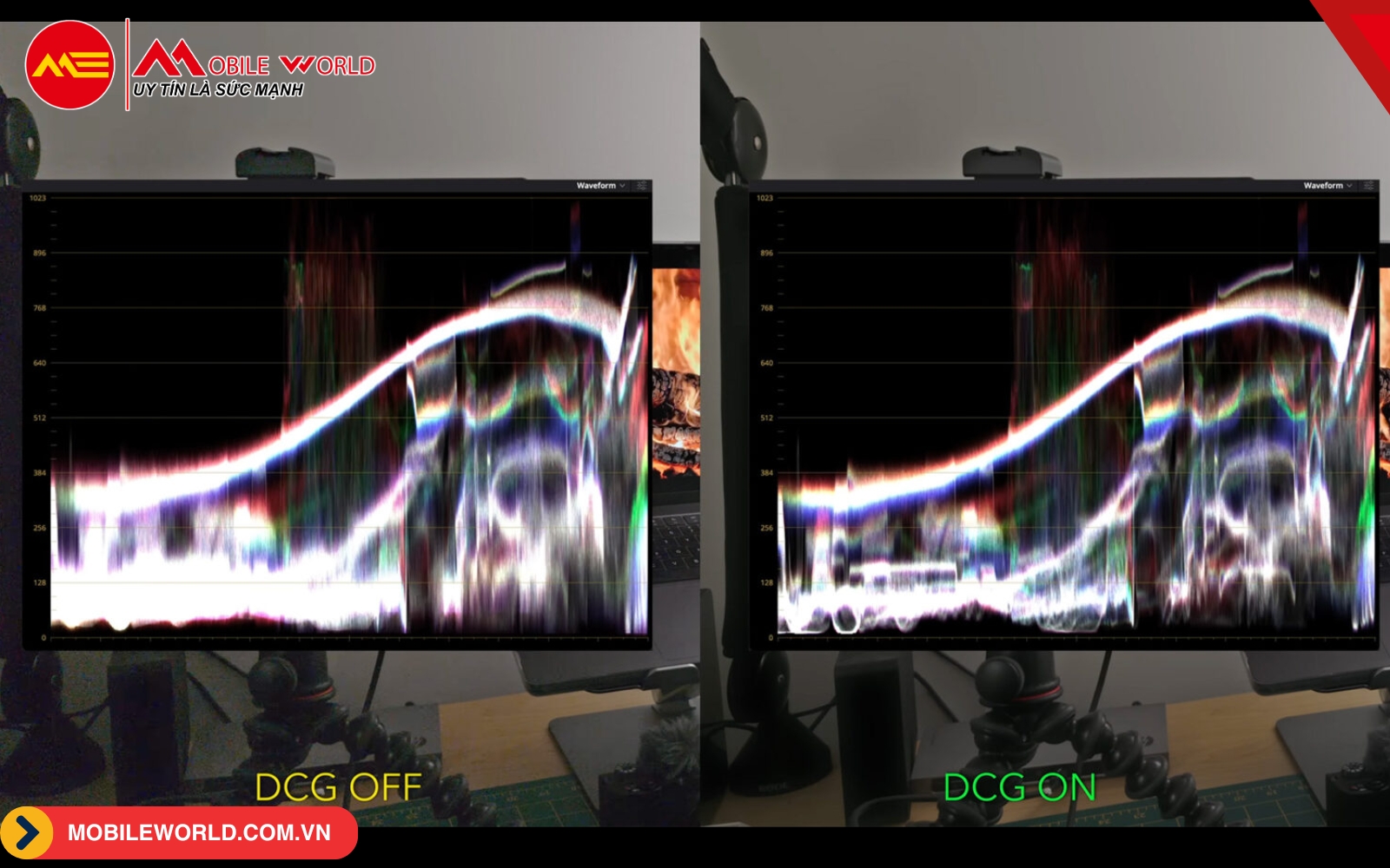 So s&aacute;nh video RAW 12-bit với DCG bật v&agrave; tắt, cho thấy sự kh&aacute;c biệt r&otilde; rệt về nhiễu ở v&ugrave;ng tối.